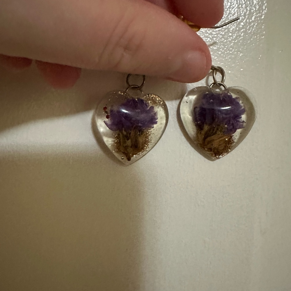 Purple and White Heart-Shaped Earrings with Botanical Design